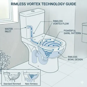 Illustration demonstrating the hygienic water flow in a modern rimless floor mounted wc.