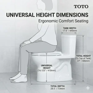 Detailed dimension chart showing the Universal Height of a TOTO one piece toilet for better accessibility.