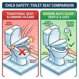 Vector illustration highlighting child safety benefits of a slow closing auto close toilet seat preventing pinched fingers.