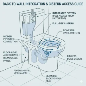 A back-to-wall floor mounted wc design where the cistern is concealed within the wall for a seamless look.