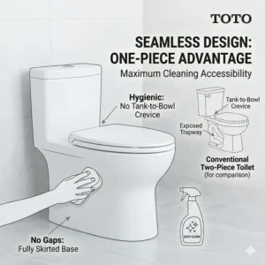 Graphic highlighting the easy-to-clean seamless design of a TOTO one piece toilet.