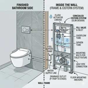 Cross-section illustration of the concealed flush tank carrier framework used for a wall hung bidet toilet.