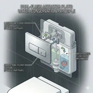 Close-up illustration of a chrome dual-flush wall plate used to control a water-efficient wall mounted toilet bowl.