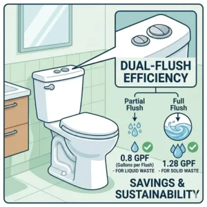 Diagram showing the dual-flush buttons and water savings of a comfort height toto toilet.