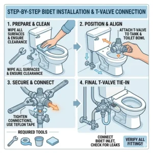 Plumbing diagram illustration demonstrating how to connect a bidet water warmer t valve to the toilet supply line.