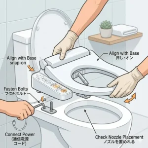 Simple installation steps for mounting a japanese wc bidet onto a standard toilet.