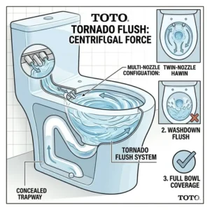 Diagram showing the centrifugal force of the TOTO Tornado Flush system inside a skirted toto toilet bowl.