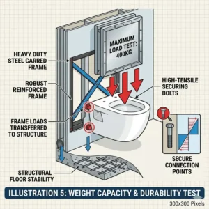 Vector illustration demonstrating the heavy duty weight support and stability of a wall mounted commode toilet frame.