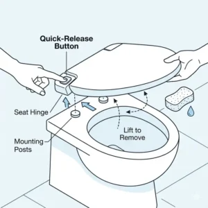 Line art illustration detailing how to use the quick-release button to detach an auto close toilet seat for easy cleaning.