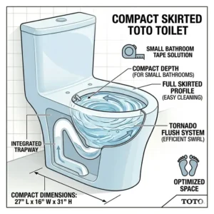 Illustration of a compact skirted toto toilet design optimized for small bathroom floor plans.