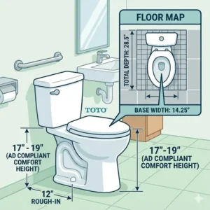 Dimensional drawing and floor map of a comfort height toto toilet showing the 12-inch rough-in.