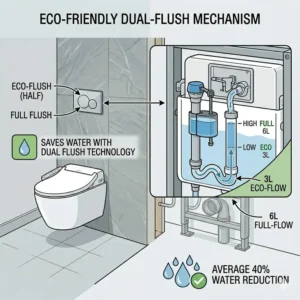 Water drop graphic illustrating the dual flush water-saving mechanism of a wall hung bidet toilet combo.