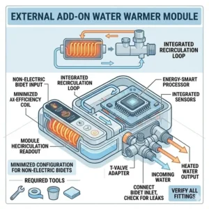 Line art illustration of an external add on bidet water warmer mixing valve connected to a bathroom sink.