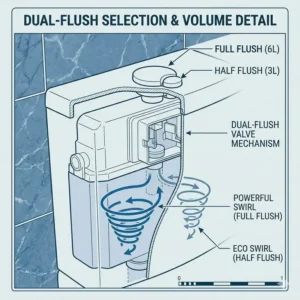 Close-up illustration of the water-saving dual flush buttons on a floor mounted wc unit.