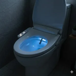 A japanese wc bidet equipped with an integrated soft blue LED night light.