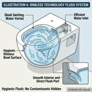 Illustration of the hygienic rimless water flow inside a modern wall mounted commode toilet bowl.