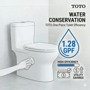 Efficiency icons showcasing the water conservation benefits of a TOTO one piece toilet.