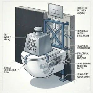 Illustration demonstrating the heavy-duty load-bearing capacity of a reinforced wall mounted toilet bowl frame.
