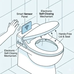 Graphic illustration of an electronic smart toilet with a hands-free motion-activated auto close toilet seat.