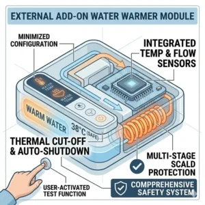Diagram illustration highlighting the safety sensors and anti scald protection in a smart bidet water warmer.