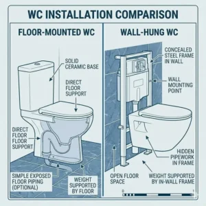 A side-by-side comparison illustrating the structural differences between a floor mounted wc and a wall-hung model.