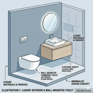 Contemporary bathroom interior sketch showcasing a luxury wall mounted commode toilet next to a floating vanity.