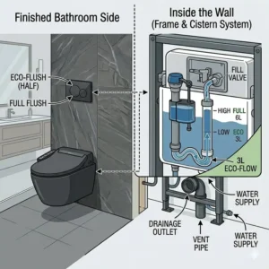 Interior design illustration of a luxury master bathroom featuring a premium matte black wall hung bidet toilet.