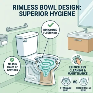 Cross-section illustration of the rimless bowl design on a comfort height toto toilet for superior hygiene.