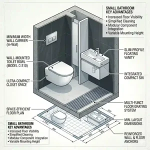 Architectural floor plan layout featuring a space-efficient wall mounted toilet bowl in a small en-suite bathroom.