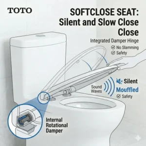 An exploded view of the SoftClose seat mechanism on a TOTO one piece toilet.