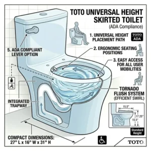 An ADA-compliant universal height skirted toto toilet showing comfortable seating dimensions.