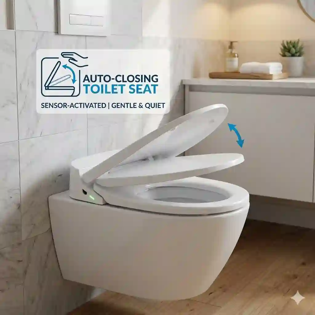 Modern luxury bathroom featuring a sleek white smart toilet with an electronic auto closing toilet seat standing open.