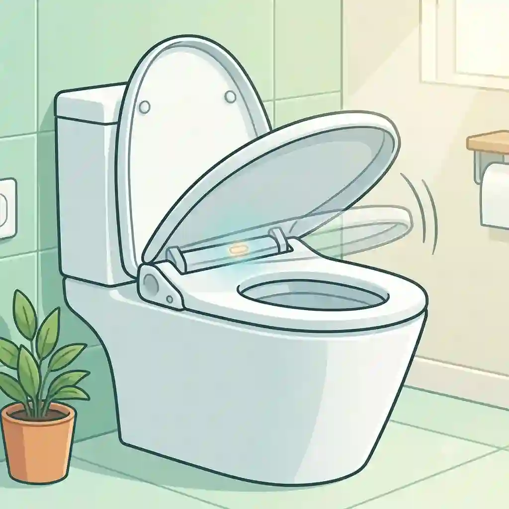 A modern bathroom showing an automatic toilet lid closer installed on a toilet seat for touchless operation.