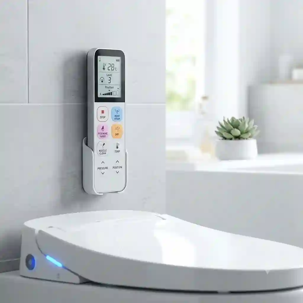 A modern luxury bathroom featuring a smart toilet with its wireless bidet remote mounted on the adjacent wall.