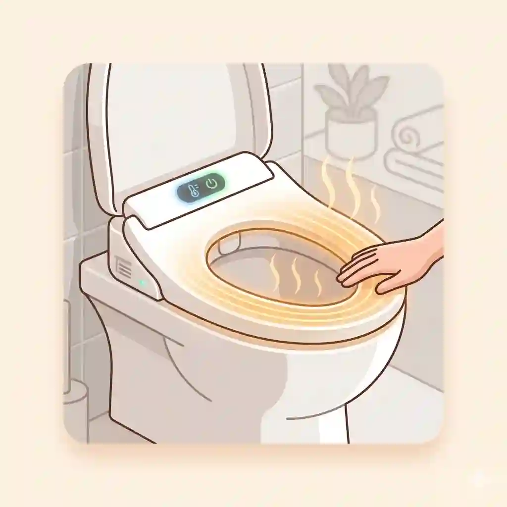 A detailed modern bathroom interior showcasing a prominent luxury smart toilet heated seat.