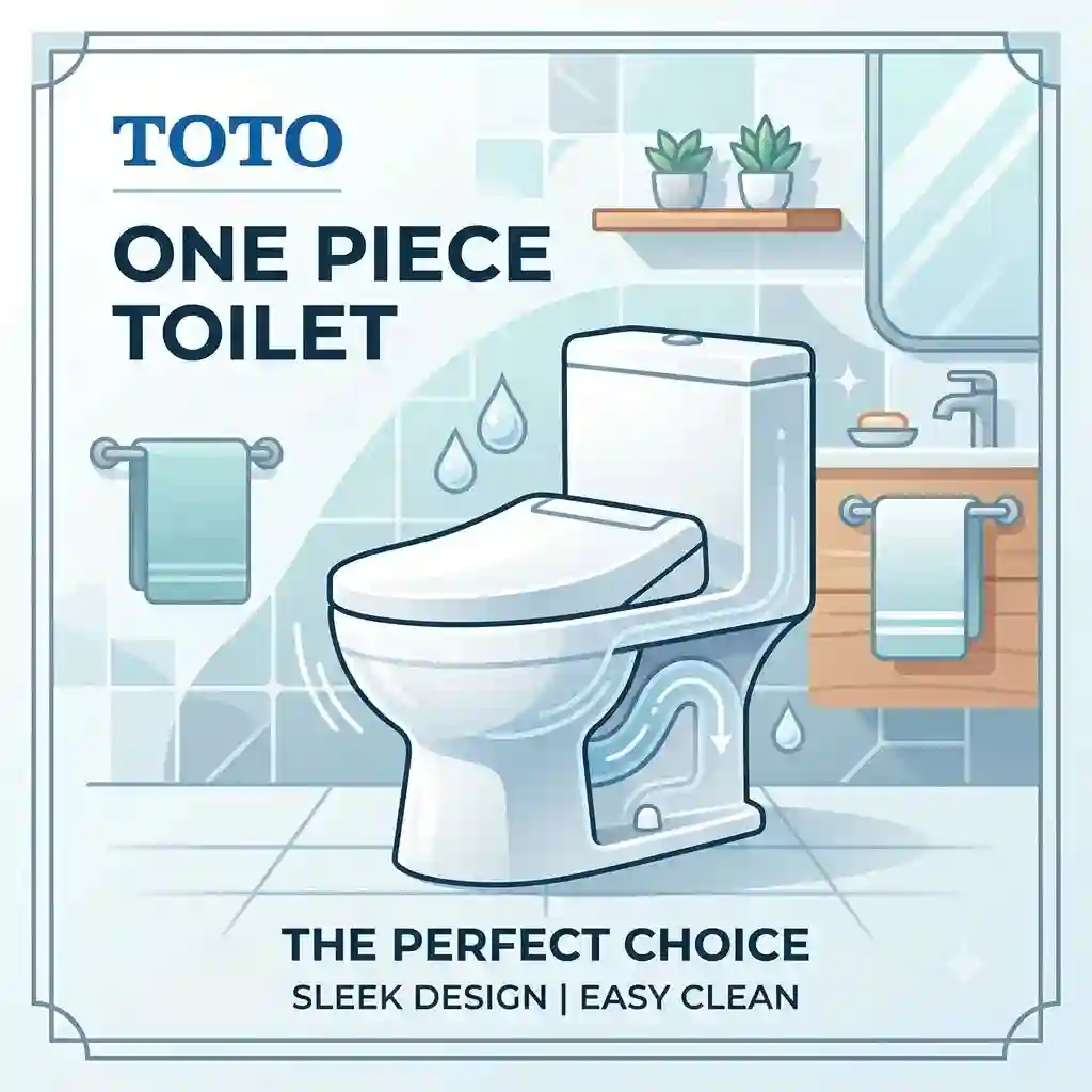 Luxury modern bathroom featuring a white toto one piece toilet with a sleek, seamless design.