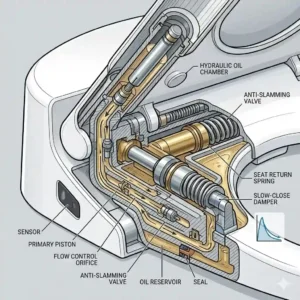 Technical illustration showing the internal hydraulic hinge mechanism of a slow close and auto closing toilet seat.