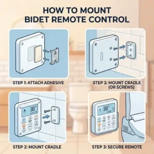An illustration demonstrating how to install a magnetic wall mount for a bidet remote control next to a toilet.