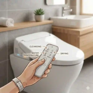 Close-up illustration of a wireless remote control bidet interface showing icons for water pressure, temperature, and nozzle adjustment.