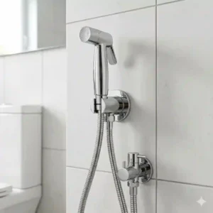 Stainless steel health faucet kit featuring a handheld spray head, flexible hose, wall mount holder, and installation screws