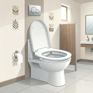 Close-up view of an ergonomic standing toilet bowl with an open seat cover showing the internal rimless flushing system.