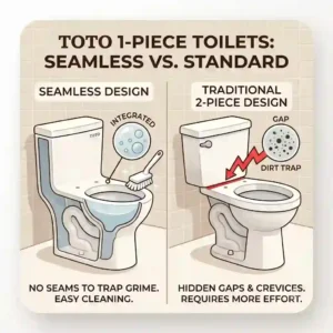 A structural diagram comparing standard toilets to the seamless single-piece construction of toto 1 piece toilets.
