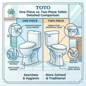 A diagram comparing a toto one piece toilet layout with a standard two-piece toilet model.