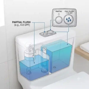 Diagram showing the dual-flush button mechanism on a toto toilet square tank.