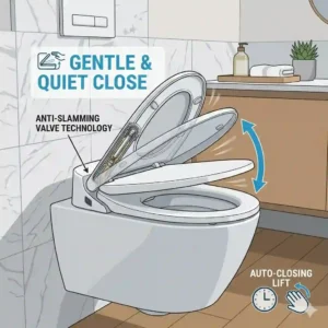 Graphic illustration with motion arrows demonstrating an automatic toilet lid closing gently without slamming, a key feature of an auto closing toilet seat.