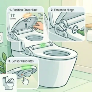 Step-by-step guide showing how to easily mount an automatic toilet lid closer to your existing toilet hinges.