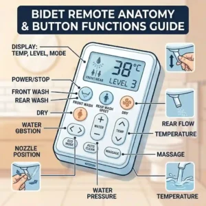 A detailed diagram illustrating the different button functions on a bidet remote, including water pressure and nozzle position adjustments.
