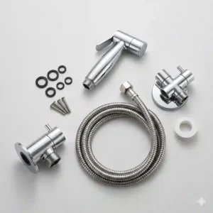 Plumbing step showing how to connect a flexible hose to a toilet water supply valve during a health faucet installation
