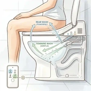 Diagram explaining the rear and feminine wash settings activated by a remote control bidet seat.