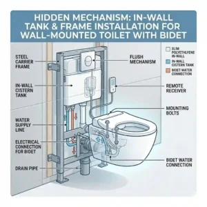 A technical diagram illustrating the hidden in-wall tank, carrier frame, and plumbing for a wall-mounted toilet with bidet.